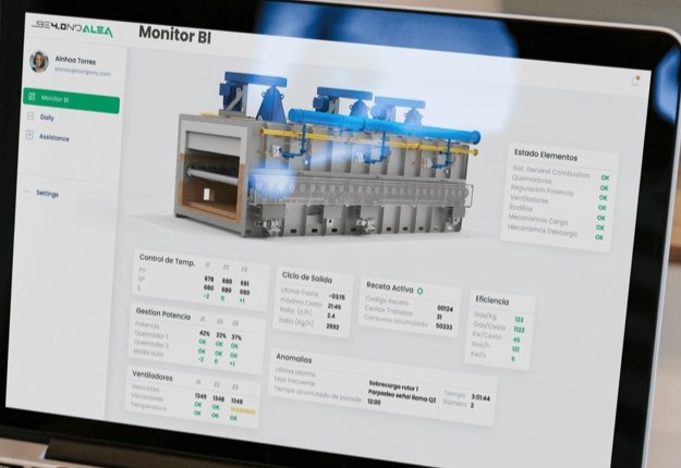 Monitor BI: panel del horno con modelo 3D y KPIs de temperatura, potencia y eficiencia